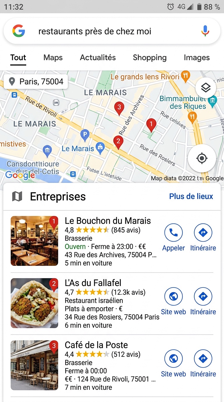 Capture d'écran du 3-Pack Google Maps avec entreprises locales